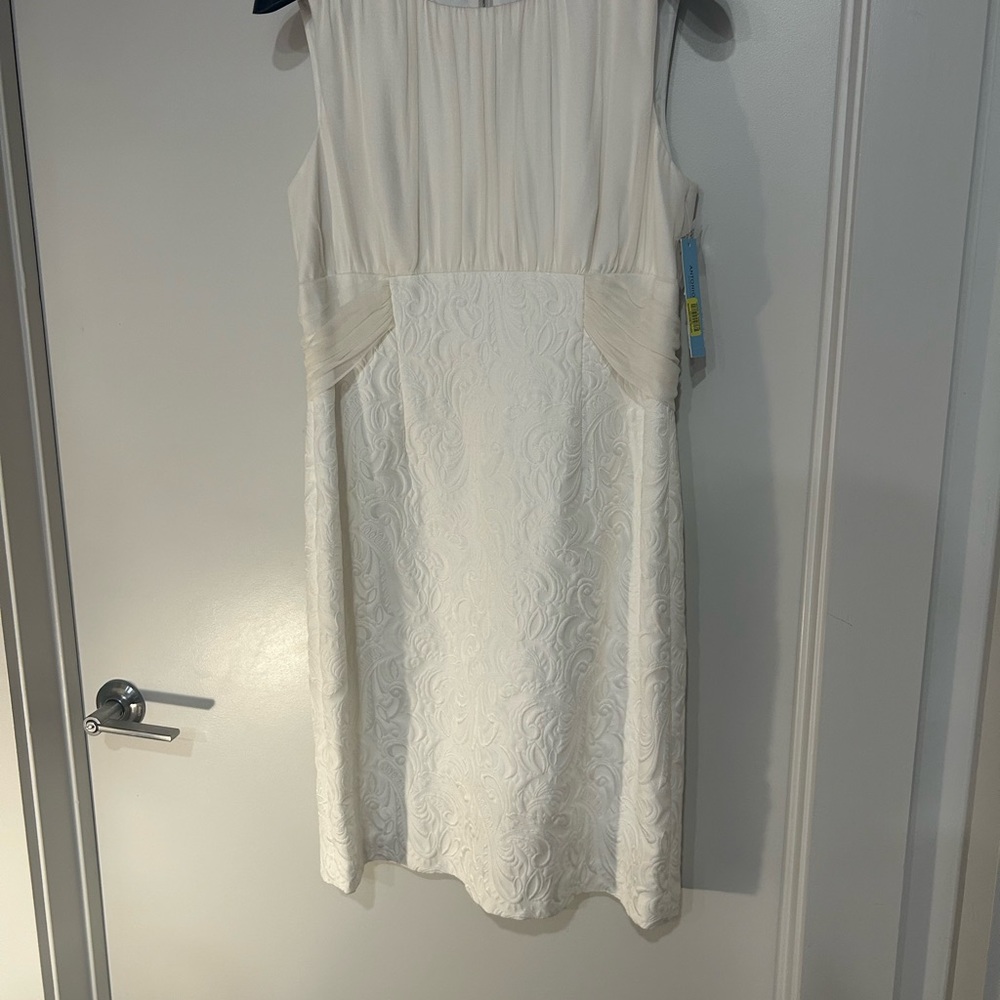 White brocade like dress with sheer tie belt Antonio Melani